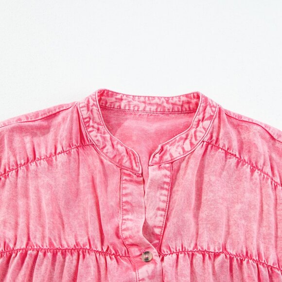 B260 Pink Ruffled Short Sleeve Buttoned Denim Mini Dress - Picture 9 of 10
